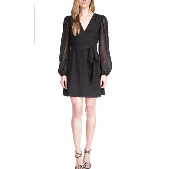 Michael Kors Women's Tonal Swiss Dot Wrap Dress Black Size Petite Small - Picture 1 of 13